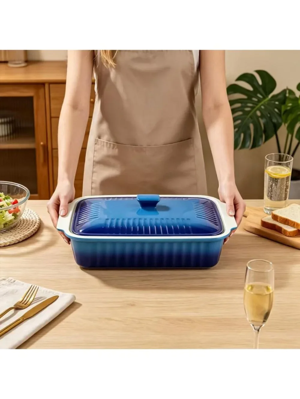 Large 5.5 Quart Ceramic Baking Dish with Lid, 13.5x9 Lasagna Pan, Microwave